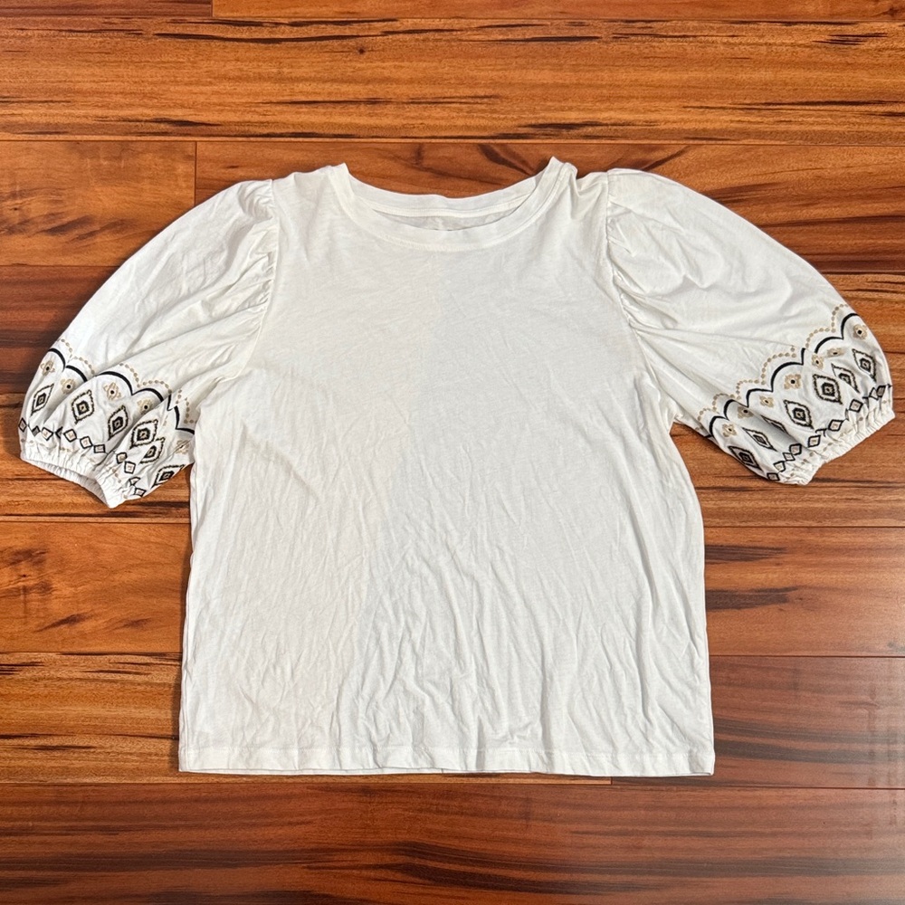 LOFT Ivory Puff Sleeve Blouse with Black Accents